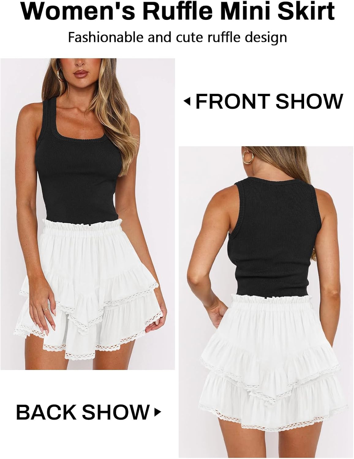 Women's High Waist Ruffle Mini Skirt Lace Trim Flowy Boho Skorts for Women Flared Tiered Golf Tennis Athletic Skirts - Image 2