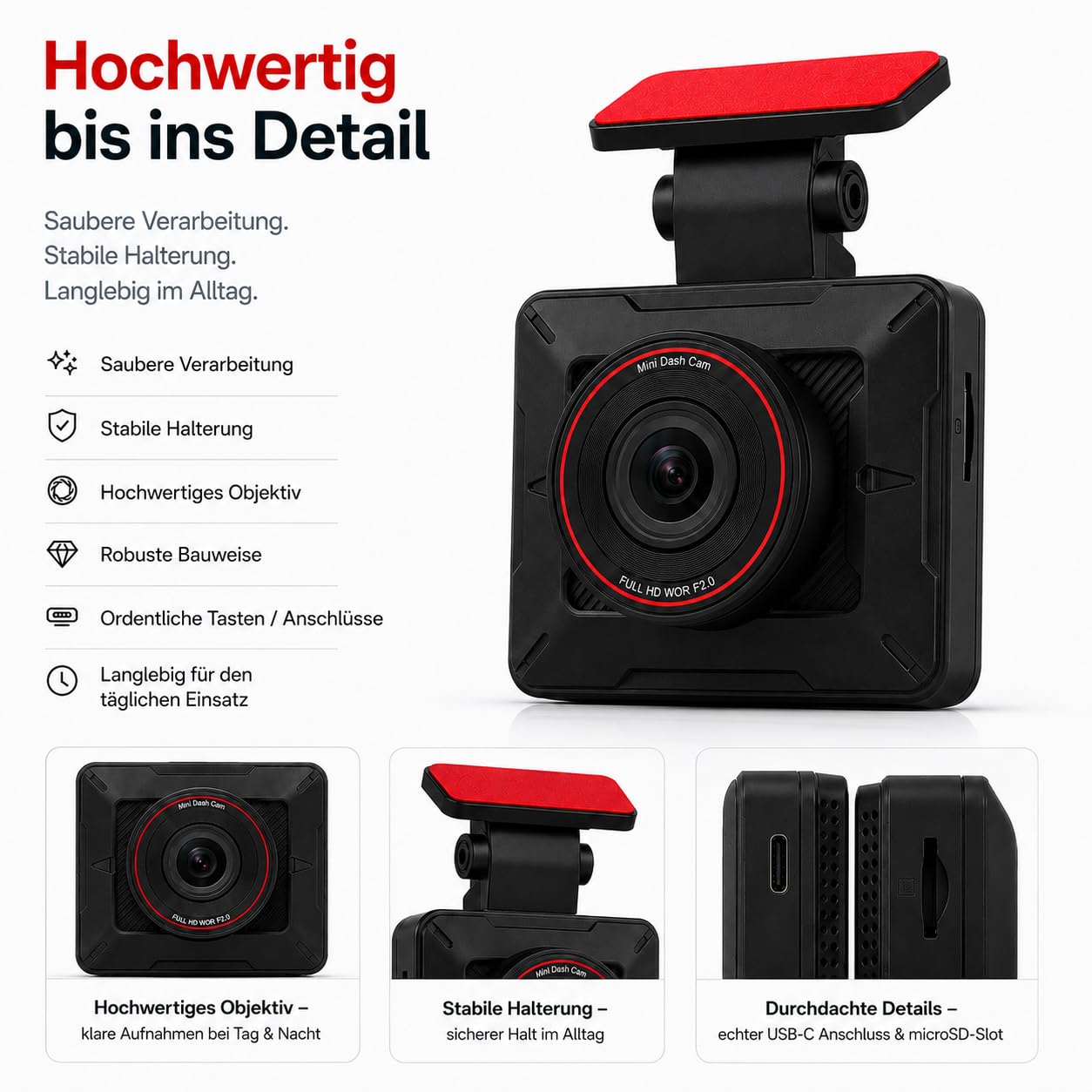Dashcam Auto Full HD 1080p 30fps – WLAN Autokamera mit G-Sensor, Loop-Aufnahme, 120° Weitwinkel – Mini Dashcam für Auto mit App Steuerung & Nachtsicht – Schwarz