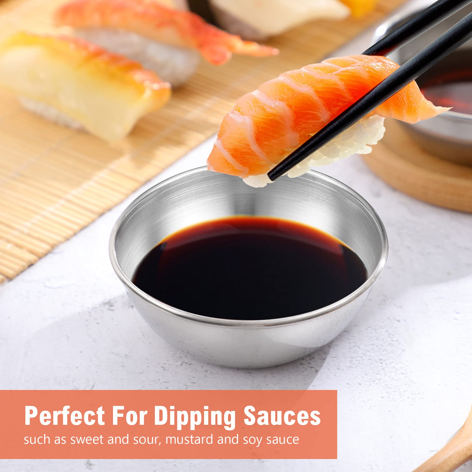 Healeved 8PCS Stainless Steel Sauce Dishes Food Dipping Bowls 3.2inch Round Seasoning Dishes Saucer Appetizer Plates Stainless Steel Dipping Sauce Plates Prep Bowls