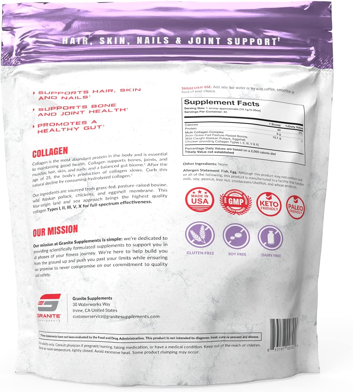 Granite® Multi-Collagen Peptides (45 Servings) 10g Collagen Types I, II, III, V, X | Clean Taste, Sustainably Sourced, Grass-Fed Pastured Beef, Wild Caught Alaskan Pollack | Gluten Free, Soy Free
