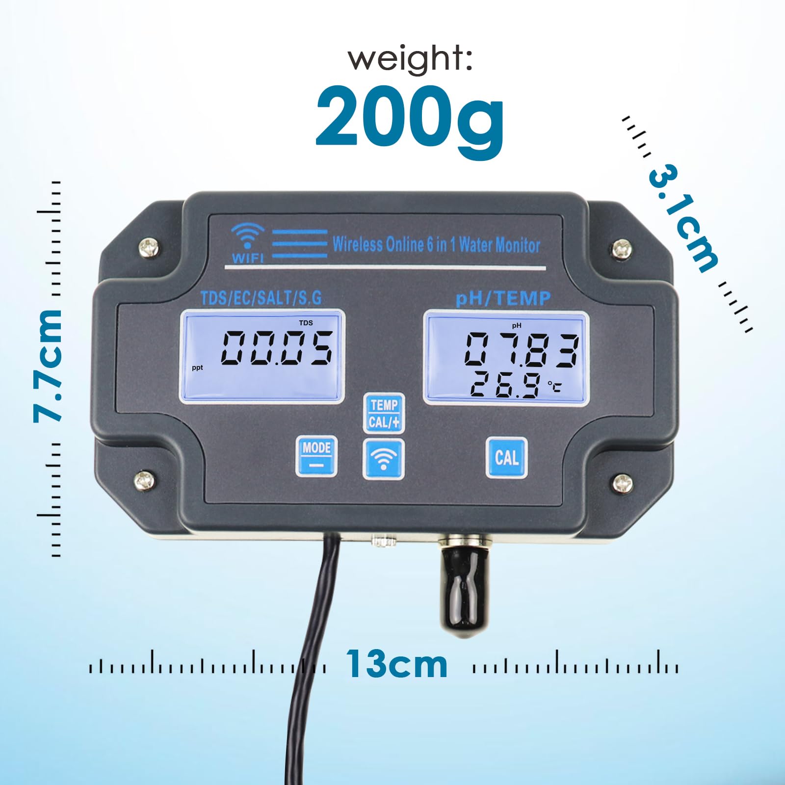 Probador inteligente de calidad del agua 6 en 1 con monitoreo Wi-Fi, pH, EC, TDS, sal, SG, temperatura, controlado por aplicación, alertas en tiempo real, calibración, diseño de ahorro de espacio para