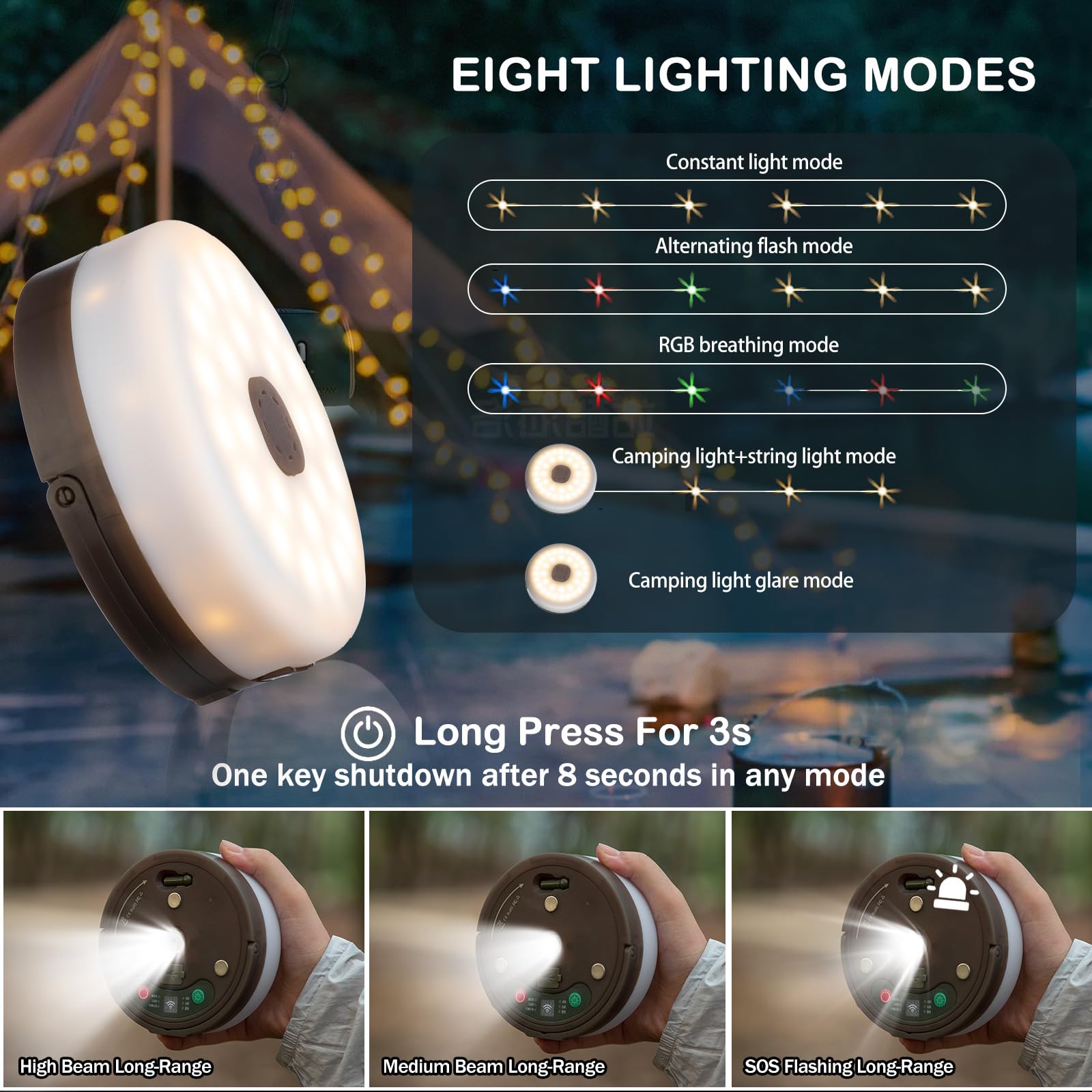 Camping-Lichterkette, 4-in-1-Camping-Lichterkette für den Außenbereich (10 m) mit 8 Beleuchtungsmodi, solarbetrieben und per USB wiederaufladbares Licht mit Fernbedienung für Camping, Hof und Wandern