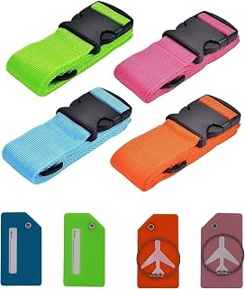 Luggage Straps 4Pack Adjustable Suitcase Belts Travel Packing Belt with Buckle Closure Baggage Security Straps 4 Colors + 4 Luggage Tags