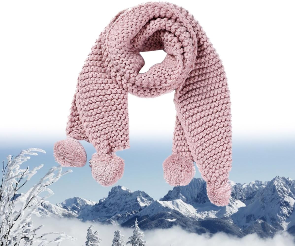 Knit Scarf with Fuzzy Ball, Warm Cotton Winter Outdoor