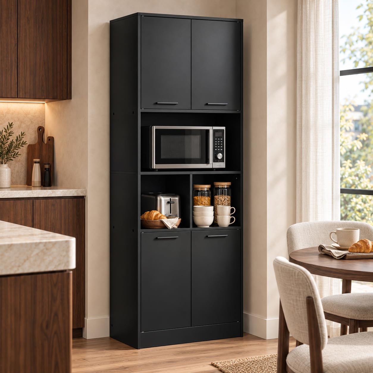 Meuble de Cuisine Colonne 180,5x60x40 cm, Armoire de Rangement Moderne avec Tablettes Ajustables, Meuble Multiuso 4 Portes pour Cuisine et Bureau (Noir)