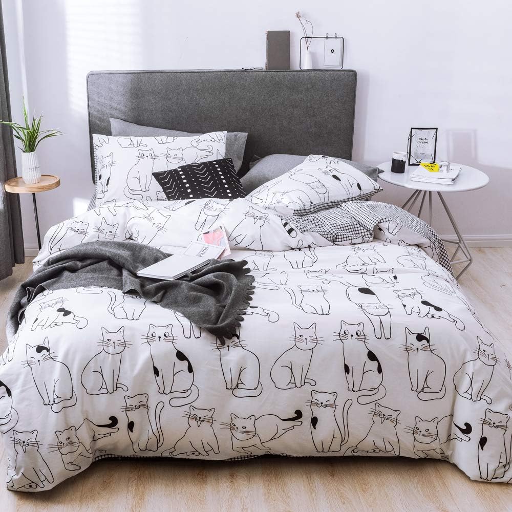 DREAMINGO Kids Duvet Cover Twin Cotton Cat Bedding Set Cute Room Decor Aesthetic Bed Set Twin Size Cat Duvet Cover White Bedding Reversible Checkered Modern Kawaii Style Lightweight Comforter Cover