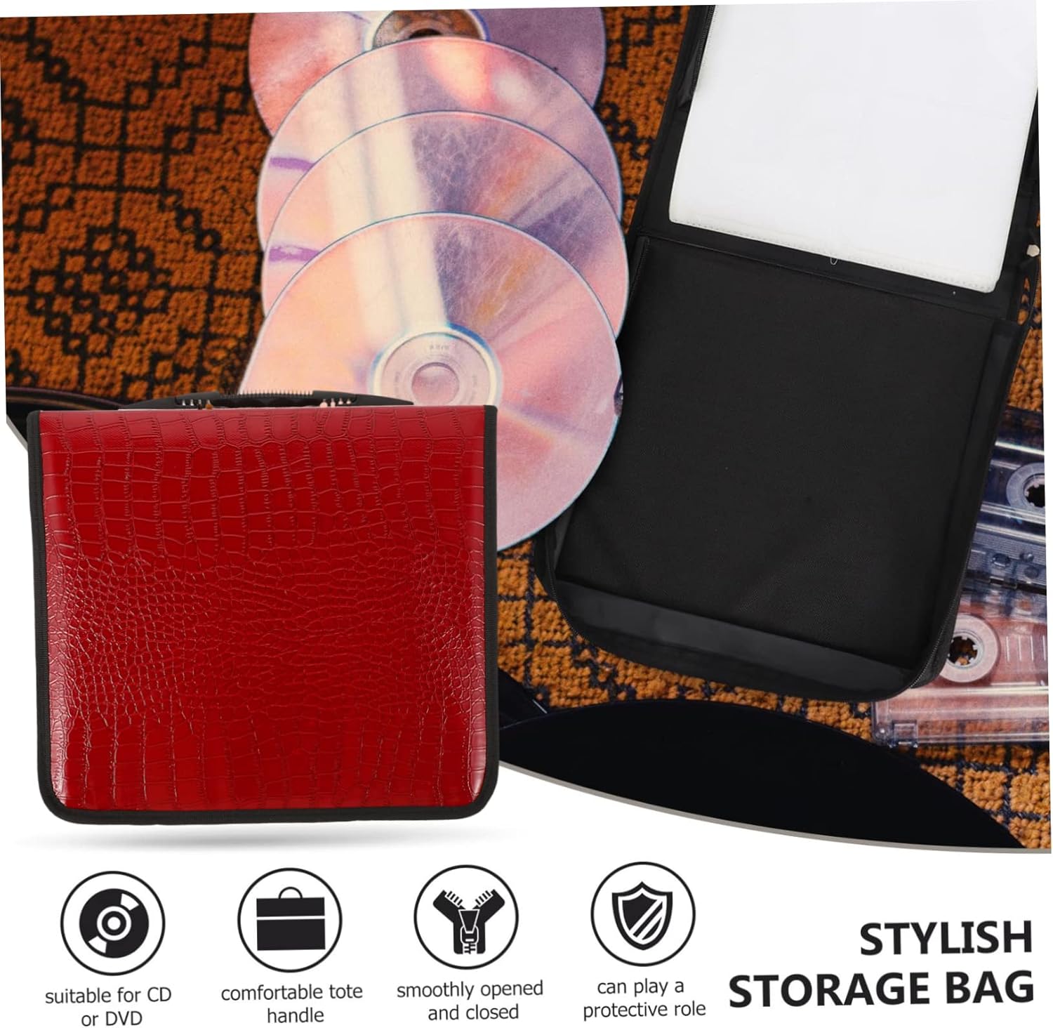 200pieces Large Capacity Cd Storage Bag Stylish Pu Holder for Discs and Wear-Resistant for Home and Travel Organization Red