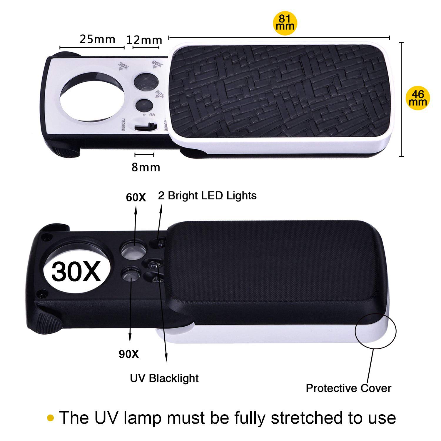 Image secondaire de Loupe Bijoutiers Loupe de Poche Petite Loupe Portable Loupe de Bijoux 30 X 60 X 90 X Grossissement avec LED et UV Lampes (Noir)