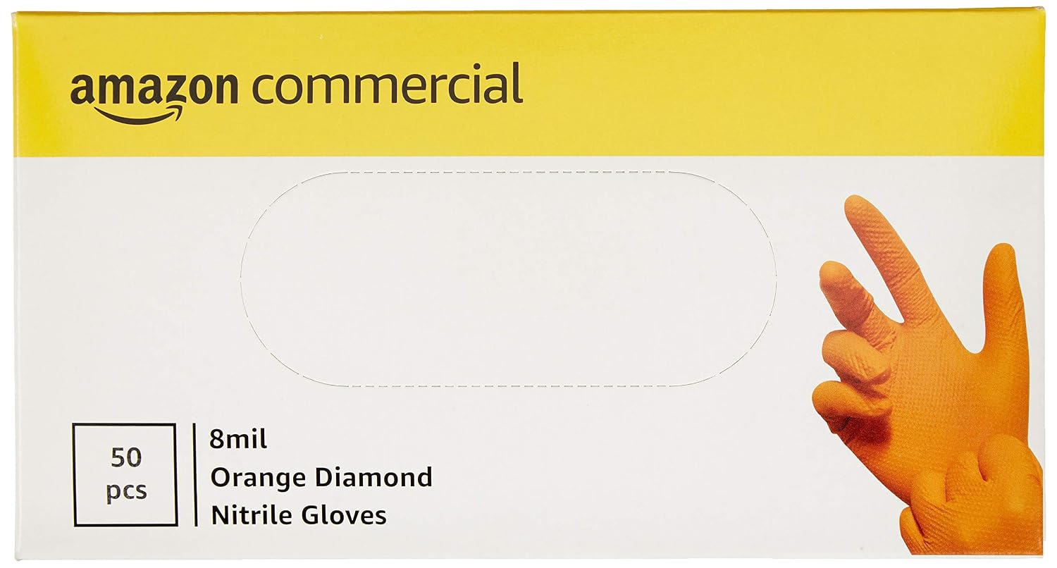AmazonCommercial Powder Free Disposable Nitrile Gloves, 8 mil, Orange, Diamond Textured, 240mm, Size S, 500 (10 Boxes of 50)