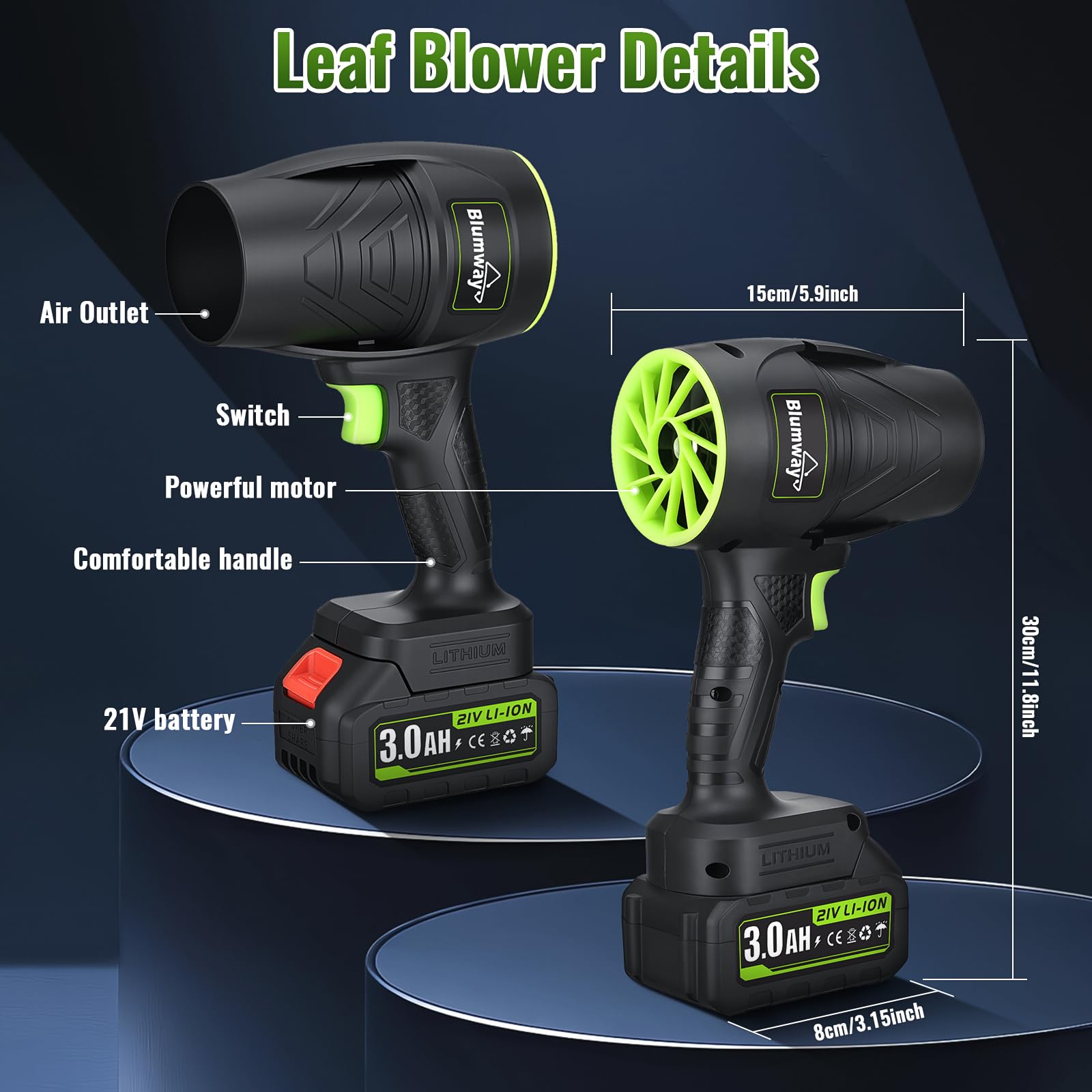 Blumway Soplador de hojas inalámbrico con batería, soplador de hojas para el cuidado del césped, soplador de mano, 21 V, 2 unidades, soplador de hojas eléctrico para patio/cuidado del césped, limpieza