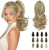 Coadă de cal sintetică ondulată Sofeiyan, 33 cm, cu prindere tip clește, șaten cenușiu deschis și blond platinat 1