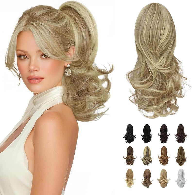 Coadă de cal sintetică ondulată Sofeiyan, 33 cm, cu prindere tip clește, șaten cenușiu deschis și blond platinat
