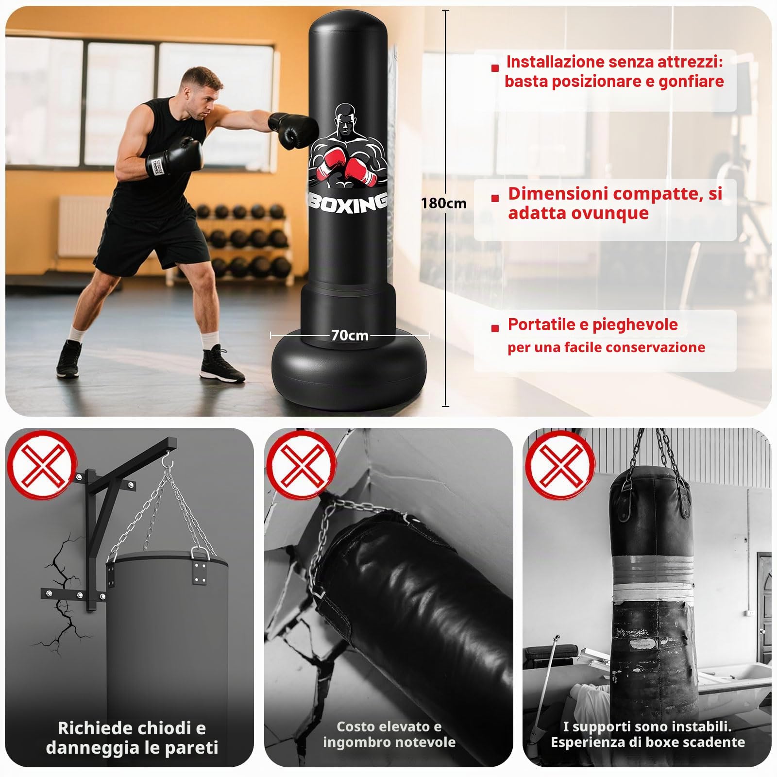 Qoosea Sacco da Boxe per Adulti, Stabile Pungiball Adulti Gonfiabile con Guantoni da Boxe, Sacchi da Boxe Gonfiabile per Pratica di Taekwondo Muay Thai Karate MMA Fitness