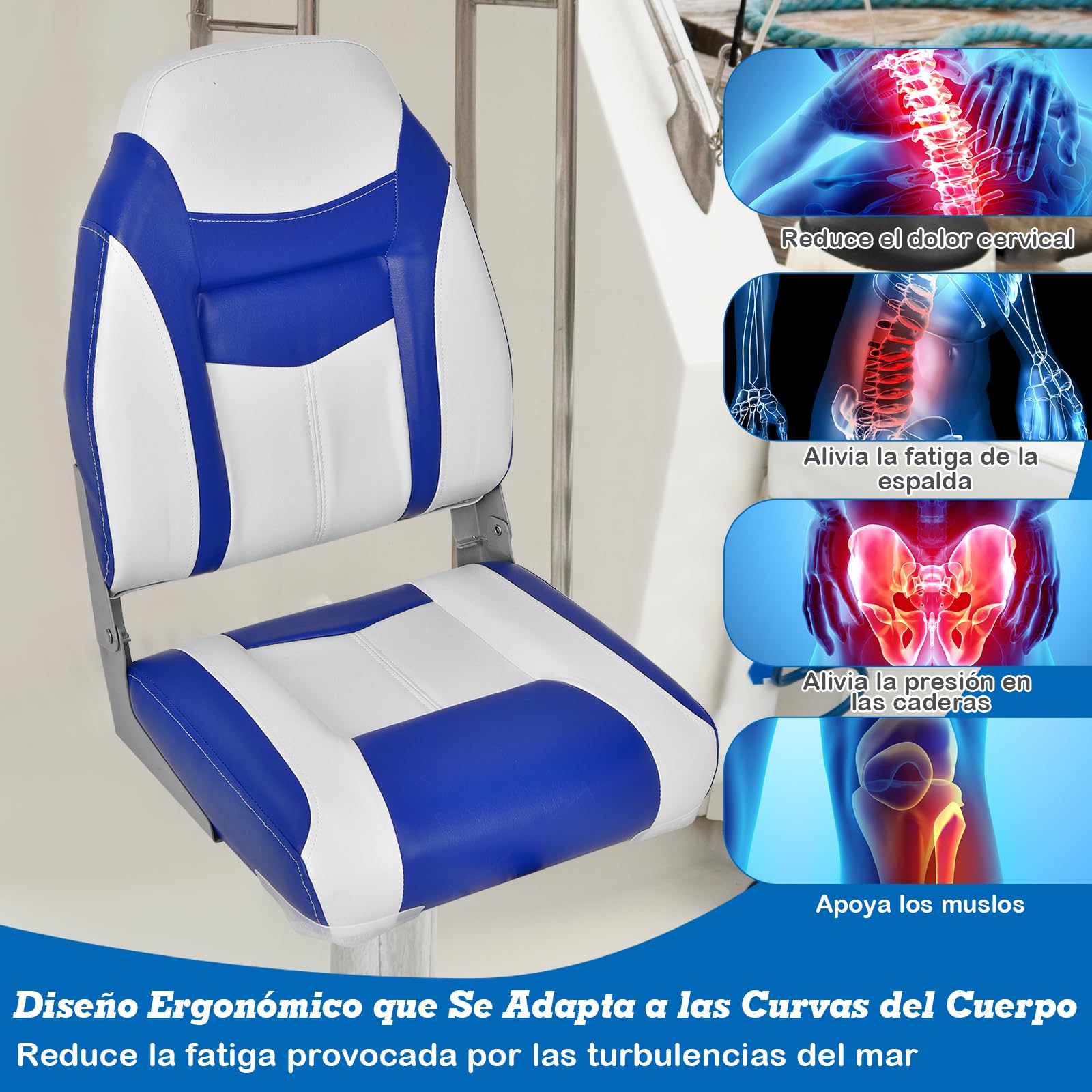 COSTWAY Asiento de Barco Plegable con Respaldo Alto, Asientos Barco con Cojín Acolchado Suave, Asiento de Capitán Plegable, 42 x 50 x 51 cm (azul, 1)