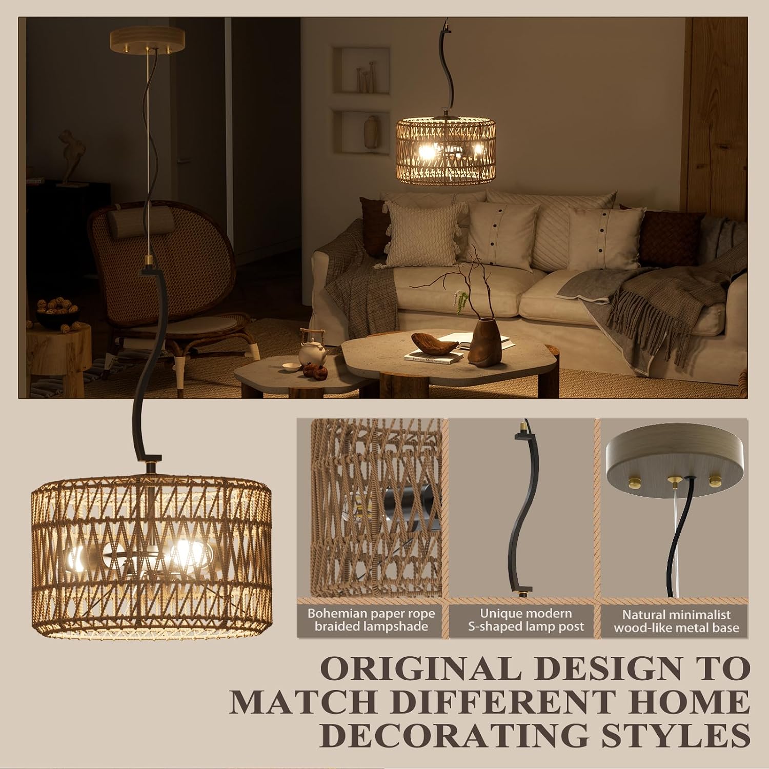 N11-4-2 15” Boho Chandelier Light Fixture - 3 Light Hand Rattan Pendant Light Fixture, Farmhouse Rustic Hanging Lamp for Kitchen Island Bedroom, Dining Room, Living Room, Entryway, Foyer