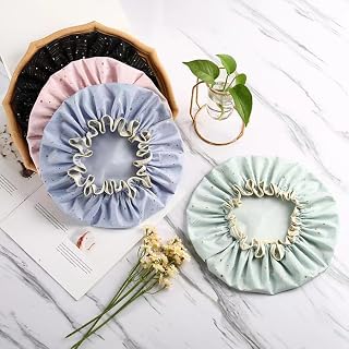 3 Pcs Shower Caps for Women, Reusable Waterproof Bath Cap Double Layer Elastic Lady Satin Hair Cap Durable Bathing Accessories(Star)