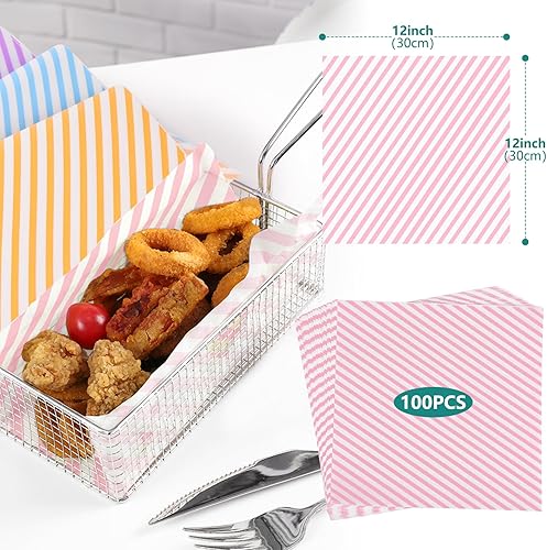 Vista 2 de Hojas de papel encerado de 12 x 12 pulgadas, 100 forros para cestas de alimentos para sándwiches, hamburguesas, envoltorios de alimentos Rayas