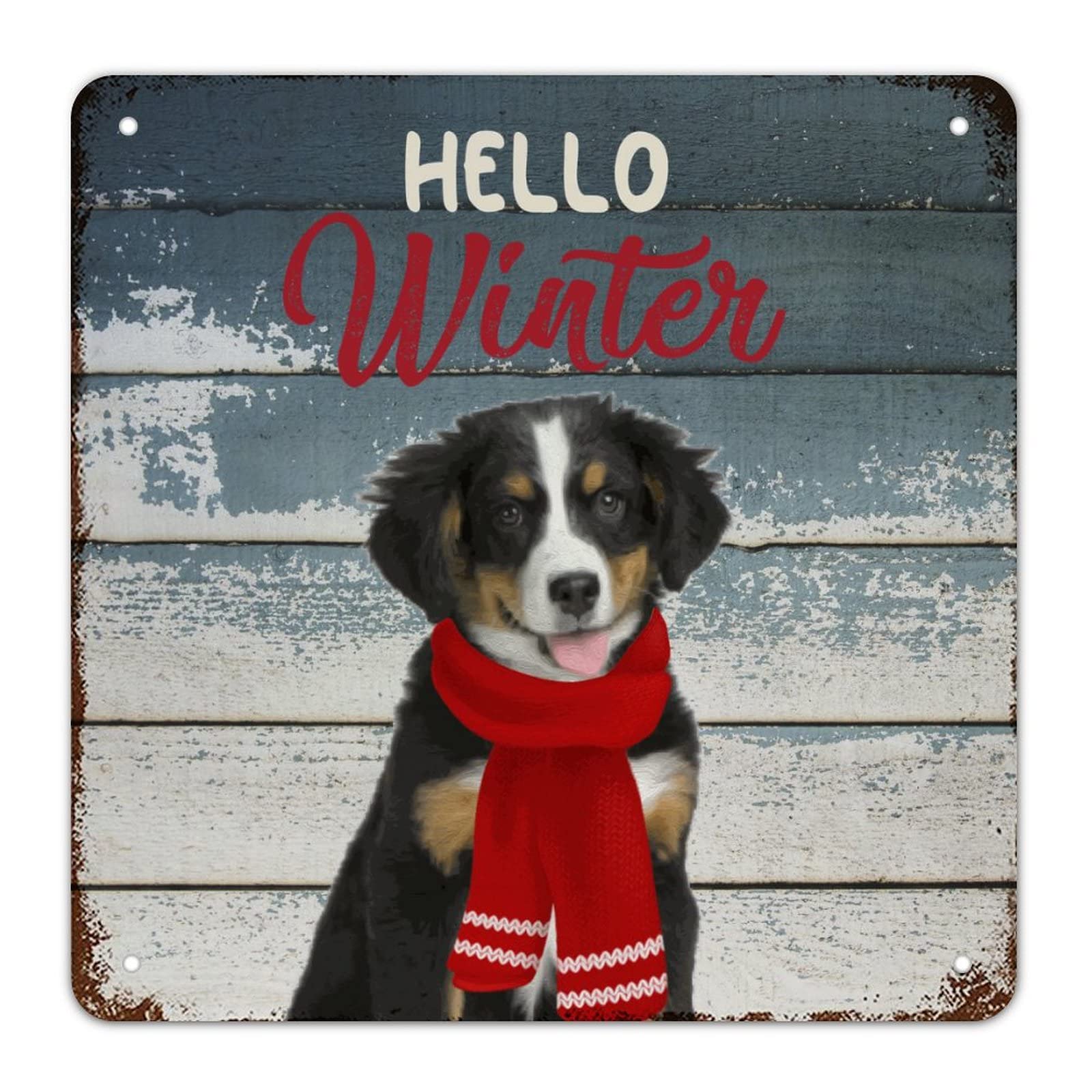 Plaque métal Noël Hello Winter vintage chien écharpe déco murale