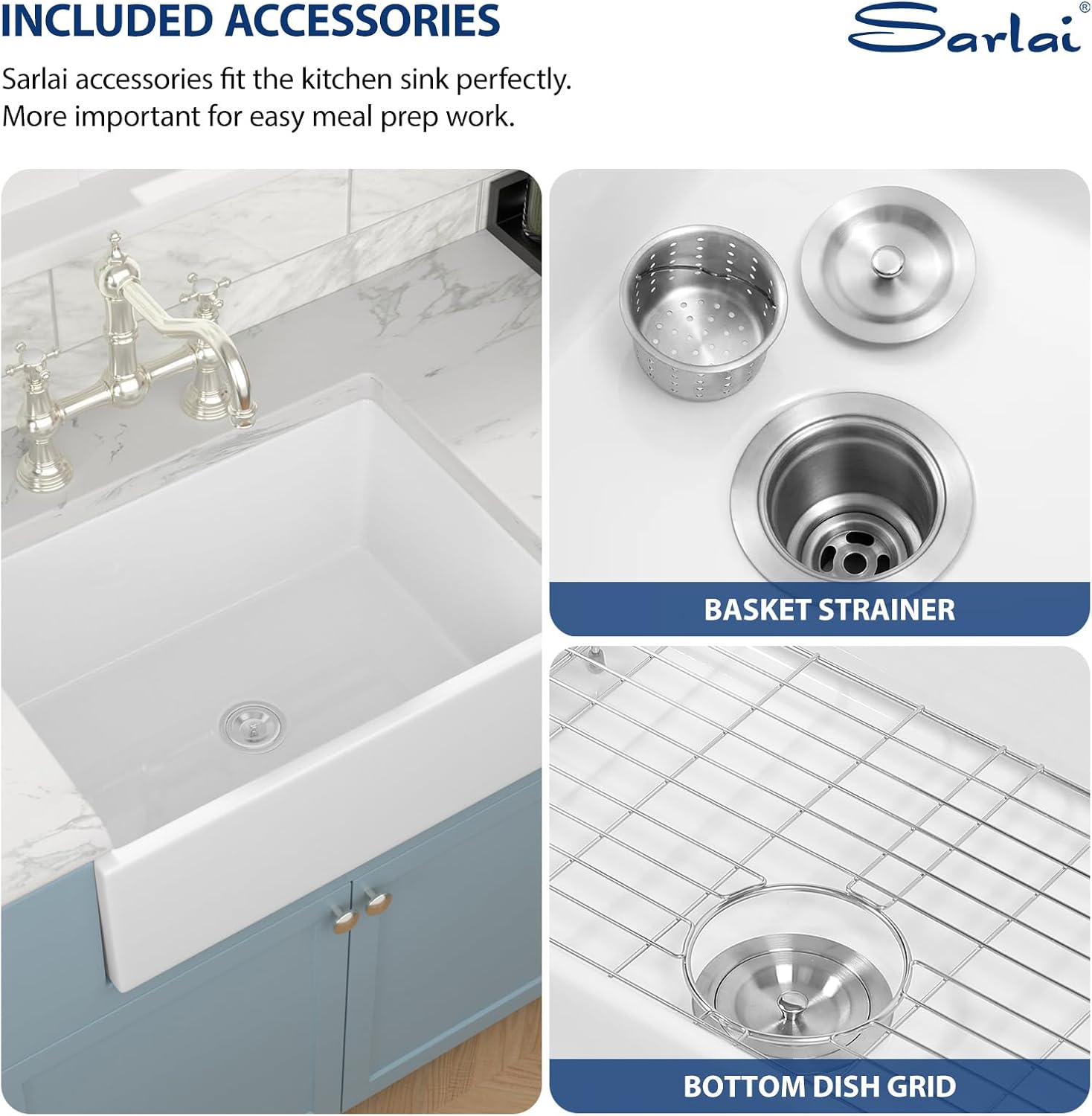 Sarlai 28 White Farmhouse Sink - 28x20 Inch Kitchen Sink Apron Front Ceramic Porcelain Vitreous Fireclay Single Bowl Farmer Sinks Basin