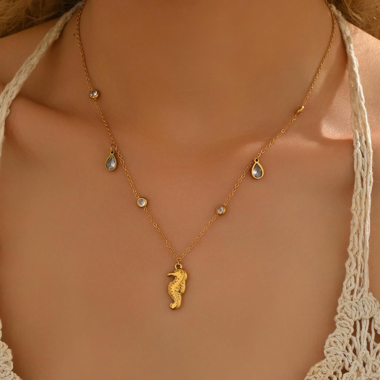 Diamond Necklaces for Women Dainty 18K Gold Plated Waterdrop Shape CZ Dangle Starfish Shell Star Choker Necklace Summer Beach Jewelry Gift - Image 4