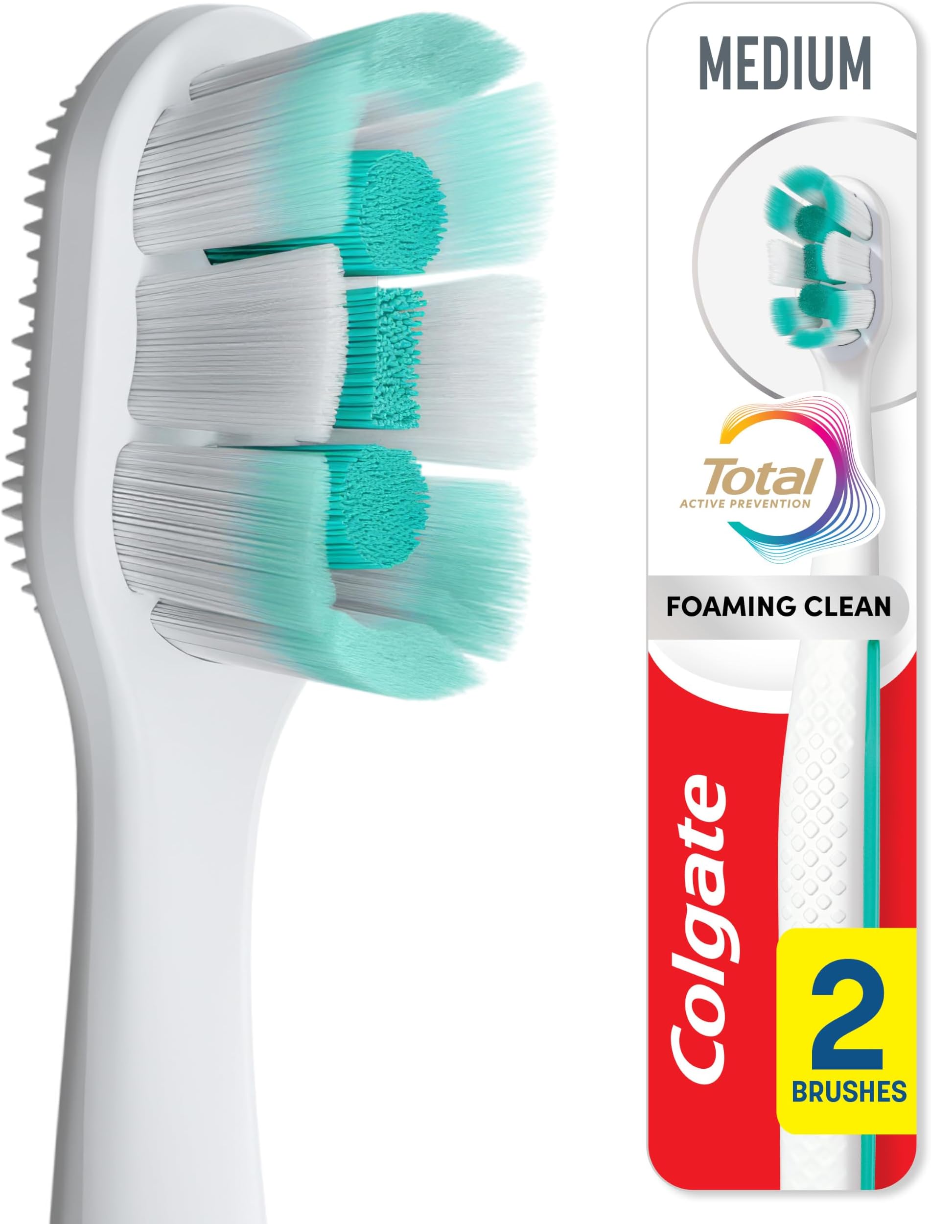 Total Foaming Clean Medium Toothbrush, White, 2 Pack