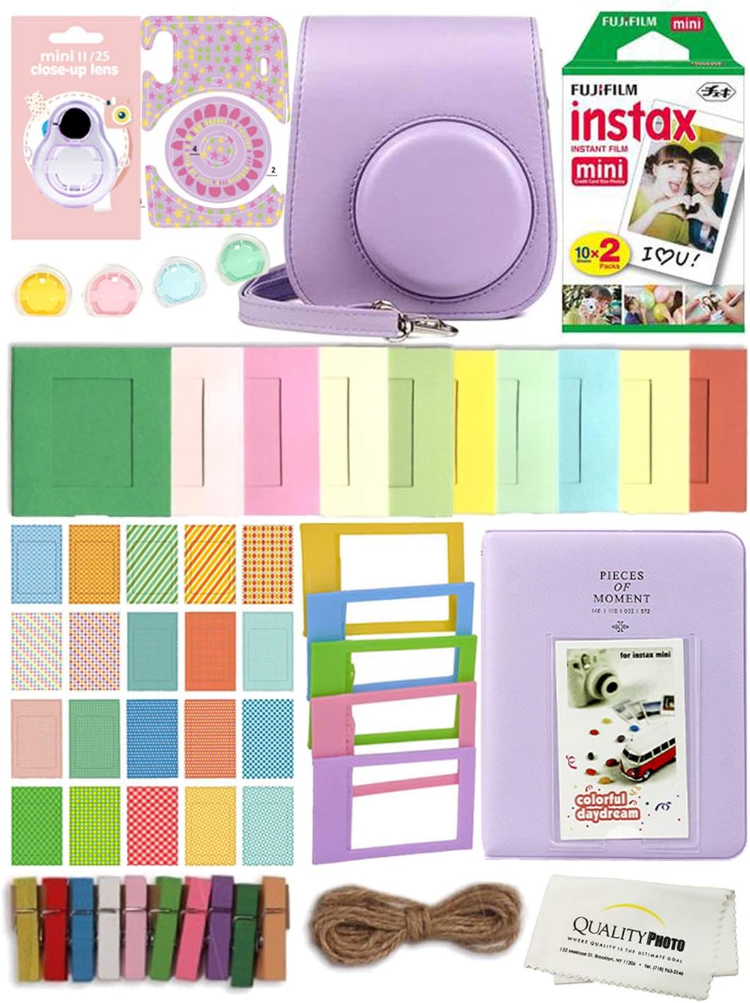 Fujifilm Instax Mini 11 Deluxe - Kit de accesorios 8 en 1 para álbum, calcomanías y paño de microfibra de calidad para fotos (morado lila)