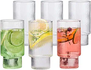 Ribbed Drinking Glasses Set of 6, 14oz Water Glasses,Vintage Glass Cups,Ribbed Glassware,Highball Glasses,Clear Glass Tumbler,Cocktail Glasses,Iced Coffee Cup for Juice,Mojito,Decor,Gift