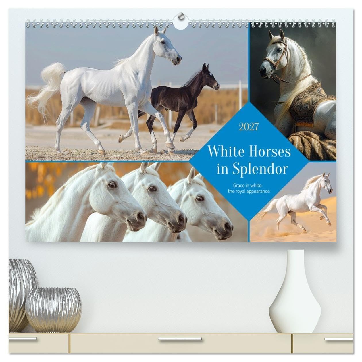 White Horses in Splendor (High Quality Premium Wall Calendar 2027 DIN A2 landscape),CALVENDO 12 Month Wall Calendar: Snow-white splendor - a symbol of purity