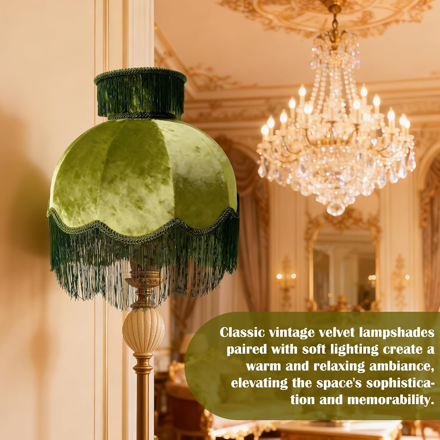 green velvet fringe lampshade 7.8" Top x 17.7" Bottom x 13.4" High x 15 Slant"- Large Dome with Scalloped Edge & Fringe Tassels, for Table/Floor Lamps(1, green, Large)