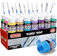 H-TONE Professional Permanent Fabric Paint Set - 21 Colors (30ml Each), Waterproof for T-Shirts, Shoes, Canvas & Textiles