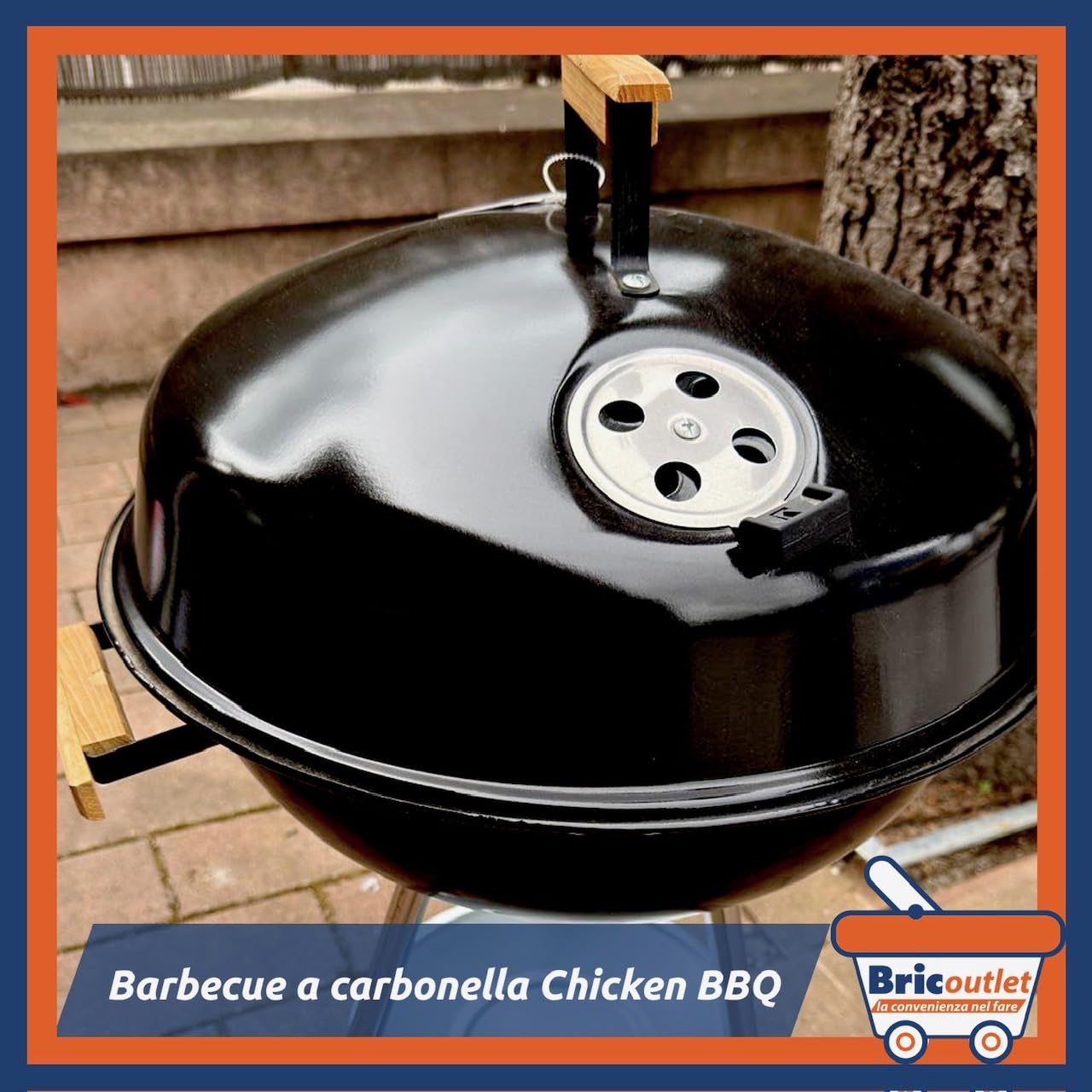 Barbecue a Carbonella CHICKEN BBQ – Griglia Ø44cm in Acciaio Inox – BBQ Portatile da Giardino, Balcone, Campeggio – con Maniglia in Legno – Barbecue Piccolo Compatto