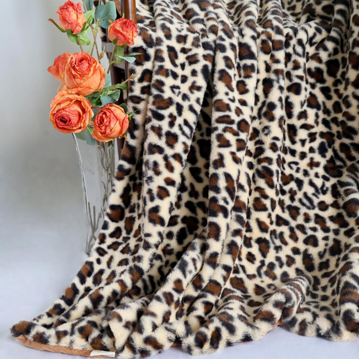 Velboa Super Soft Leopard Blanket Double Layer Bedding Thick Sofa Cover Furry Fuzzy Fax Fur Throw Blanket (Khaki,63 x 79 Inch)