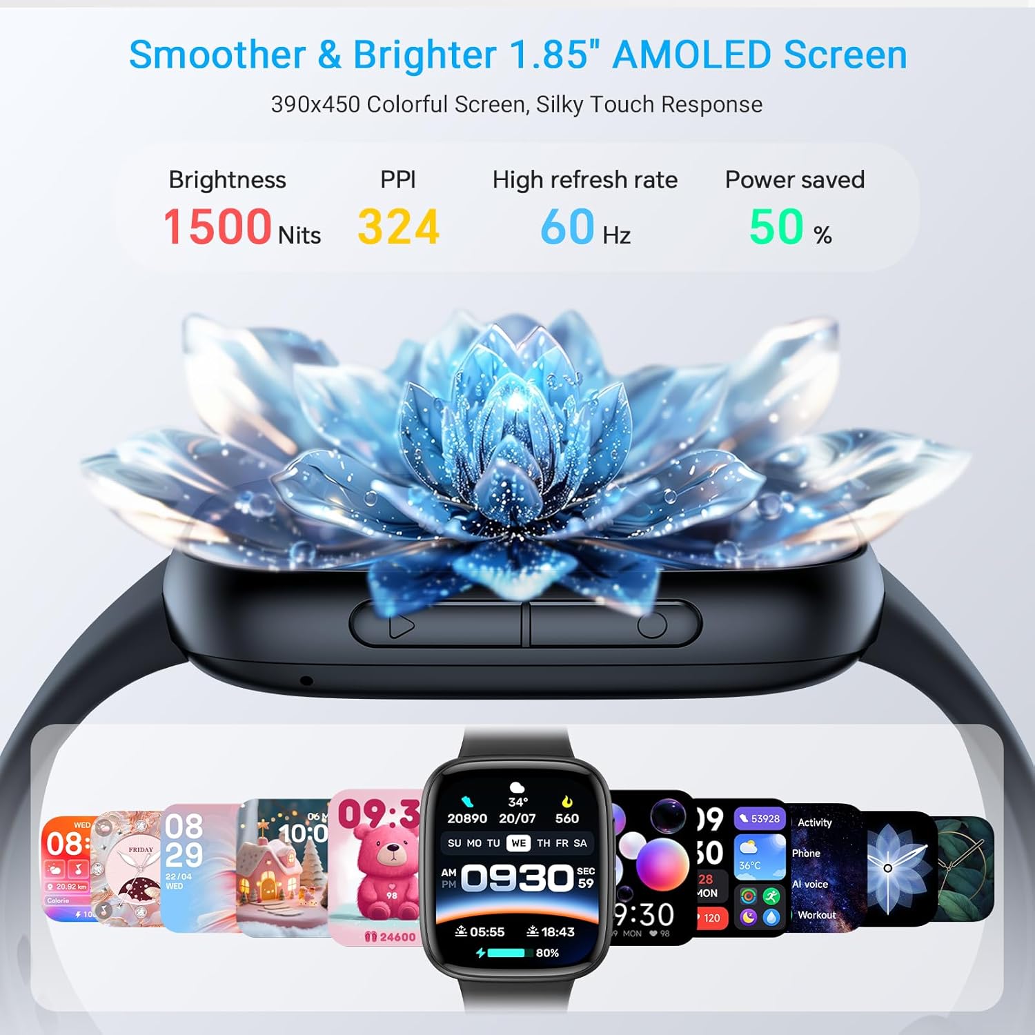 Gydom Smart Watch for Men/Women, 1.85" AMOLED Vivid Screen Fitness Watch for iPhone/Samsung/Android, Health Tracker with Heart Rate/Sleep/SpO2, Answer/Make Call, 3ATM Waterproof, 120+ Sport Modes