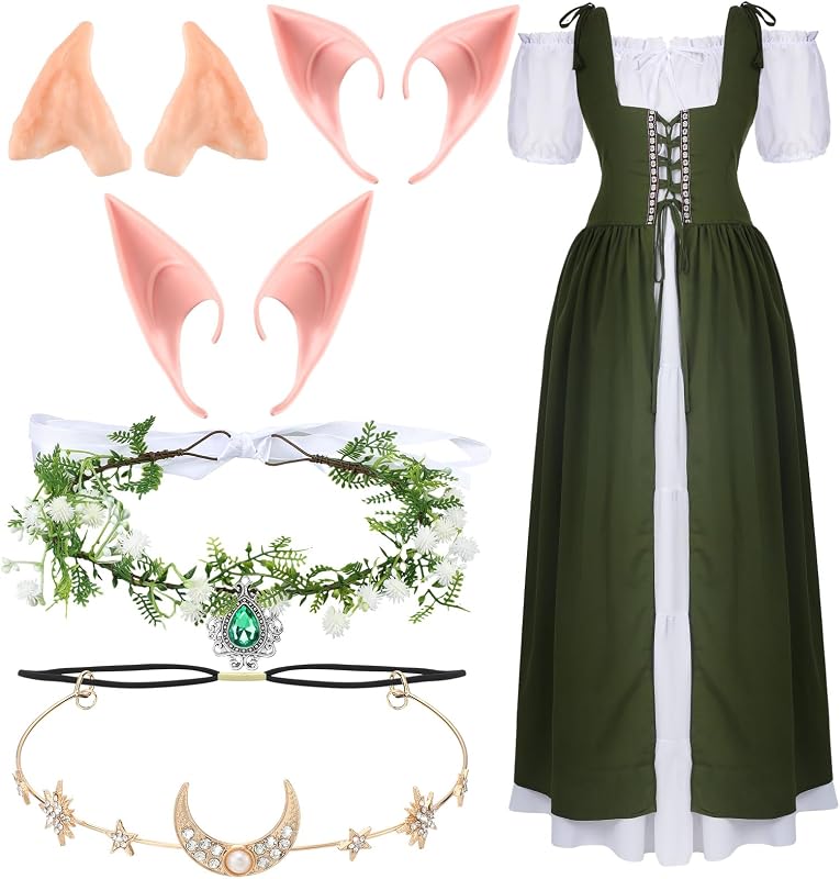 Disfraz renacentista para mujer, vestido de hada Medieval con orejas de elfo, cadena de cabeza de luna y corona de hadas del bosque, 6 uds.