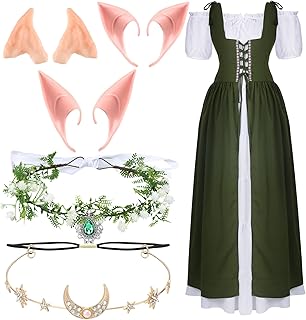 6 Pcs Women Renaissance Fairy Costume Halloween Cosplay Outfit Medieval Victorian Dress Elf Ears Fairy Headpiece Set