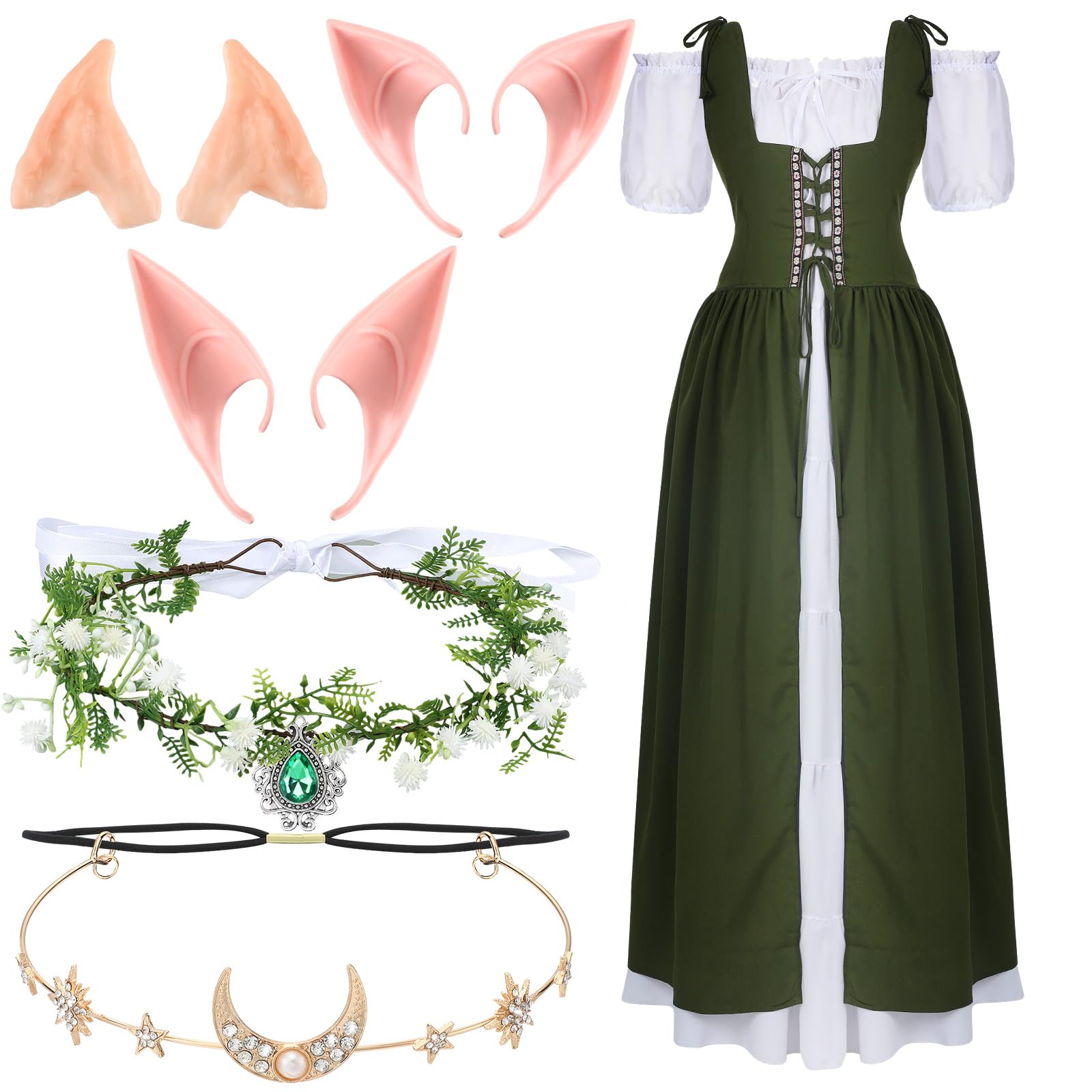 Bonuci 6 Pcs Women Renaissance Fairy Costume Halloween Cosplay Outfit Medieval Victorian Dress Elf Ears Fairy Headpiece Set
