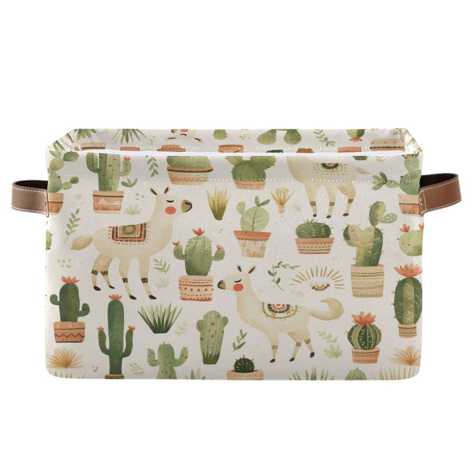 Kigai Cacti Storage Basket with Handle Collapsible Canvas Fabric Storage Bins Shelves Closet Organizer Kid Toy Basket for Bedroom Nursery Office, 1 PACK