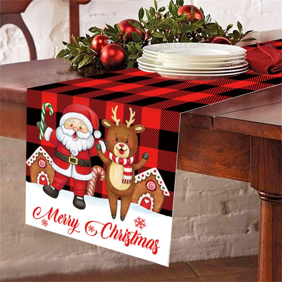 Red Plaid Christmas Table Runner Santa Snowman and Bear
