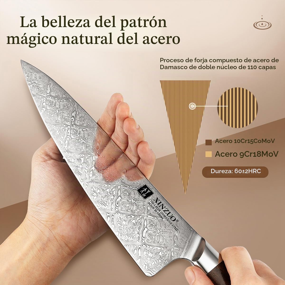 XINZUO 110 Capas de Acero Damasco Set Cuchillo Cocina 5 Piezas, Profesional Juego de Cuchillos de Cocina Forjado a Mano, Mango de Desert Ironwood y Caja de Regalo, Para Carne, Verduras, Fruta, Pan