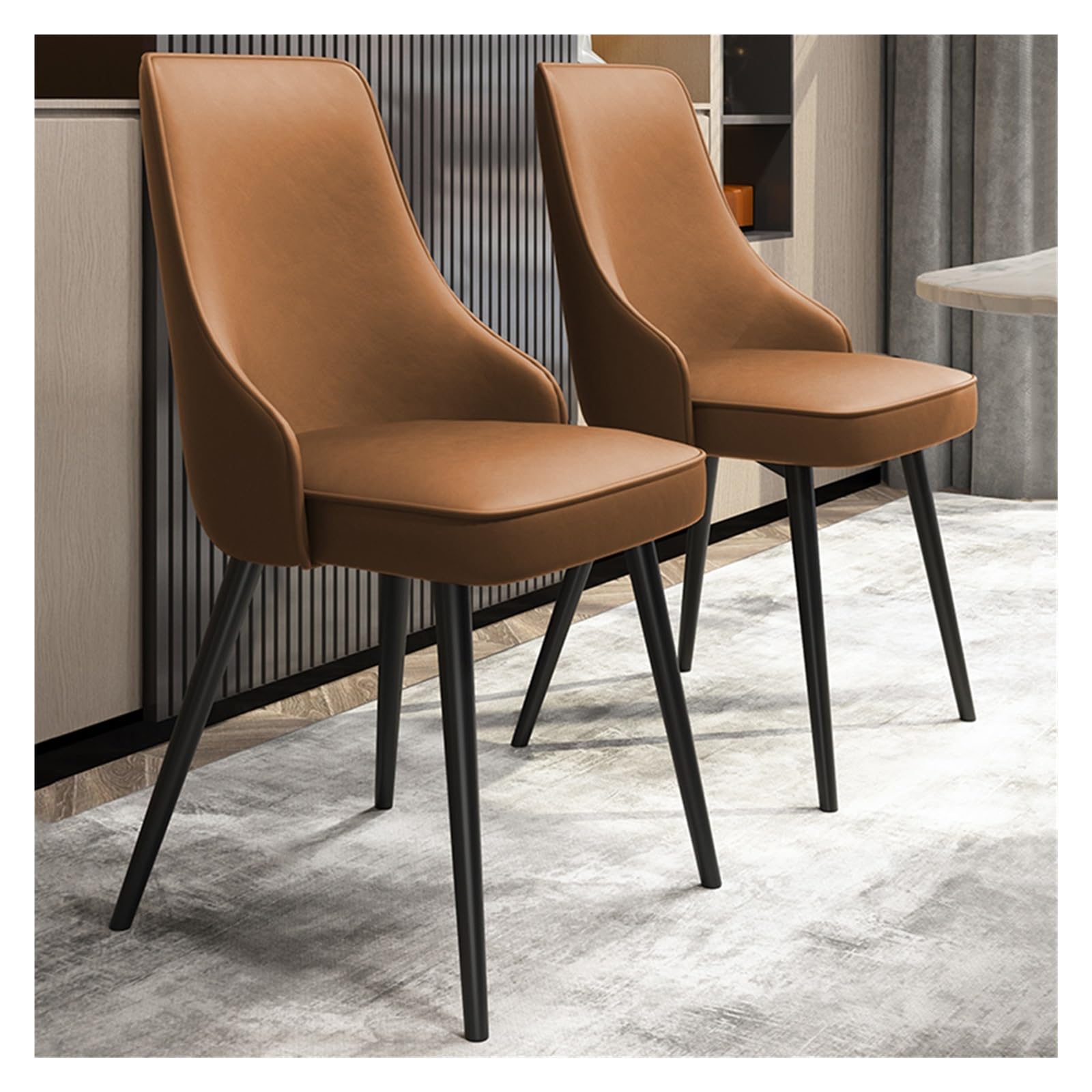 Sedia da pranzo moderna in ecopelle con braccioli inclinati, schienale solido e gambe in metallo - Set di 4 Pezzi Cammello