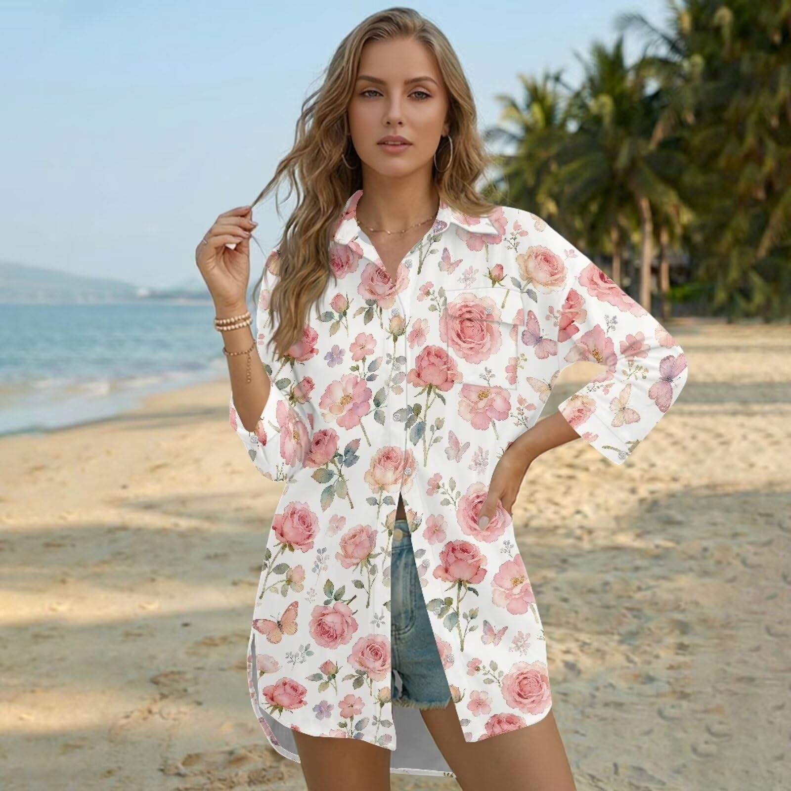 Salida de baño para mujer, salida de baño con botones, vestido de playa, camisa de verano para playa