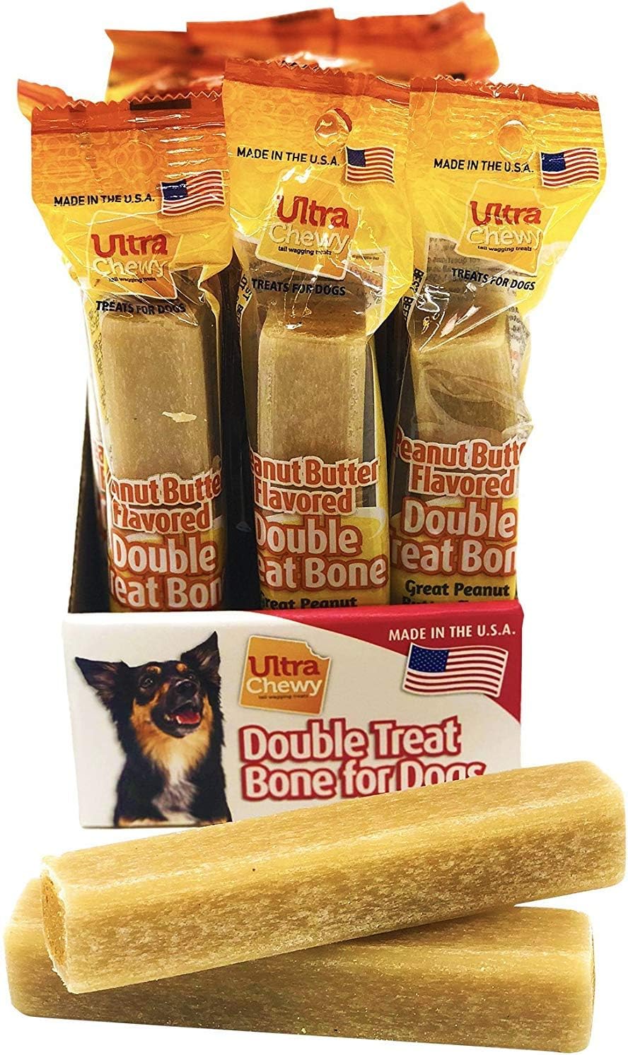 Dog Treats - Ultra Chewy Double Treat Bone - Peanut Butter Flavor - Highly Digestible Rice Base - Promotes Plaque and Tartar Control - Perfect for Training - Two-Year Shelf Life