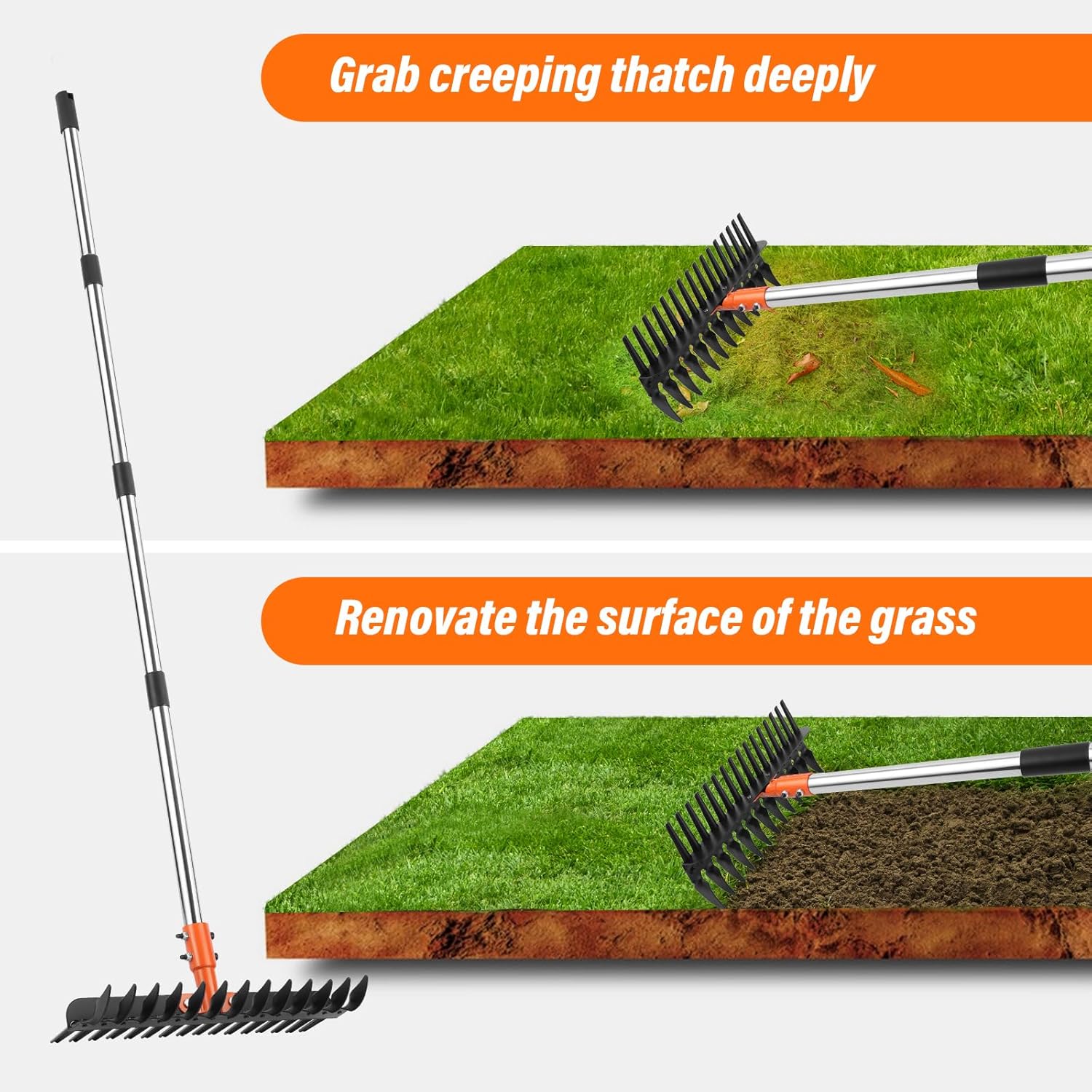 Lmaytech Garden Thatch Rake for Lawn, Heavy Duty Metal Thatching rake with Strong Handle, Wide 15inch Iron Dethatcher Rakes for Yard Leaf & Weed Clean, Soil Loose, Grass Groom