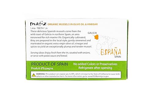 Miniatura 5 de Matiz Mejillones orgánicos España en Aceite de Oliva Virgen Extra y Vinagre de Sidra de Manzana  4 oz - Paquete de 12  De la Costa de Galicia, España