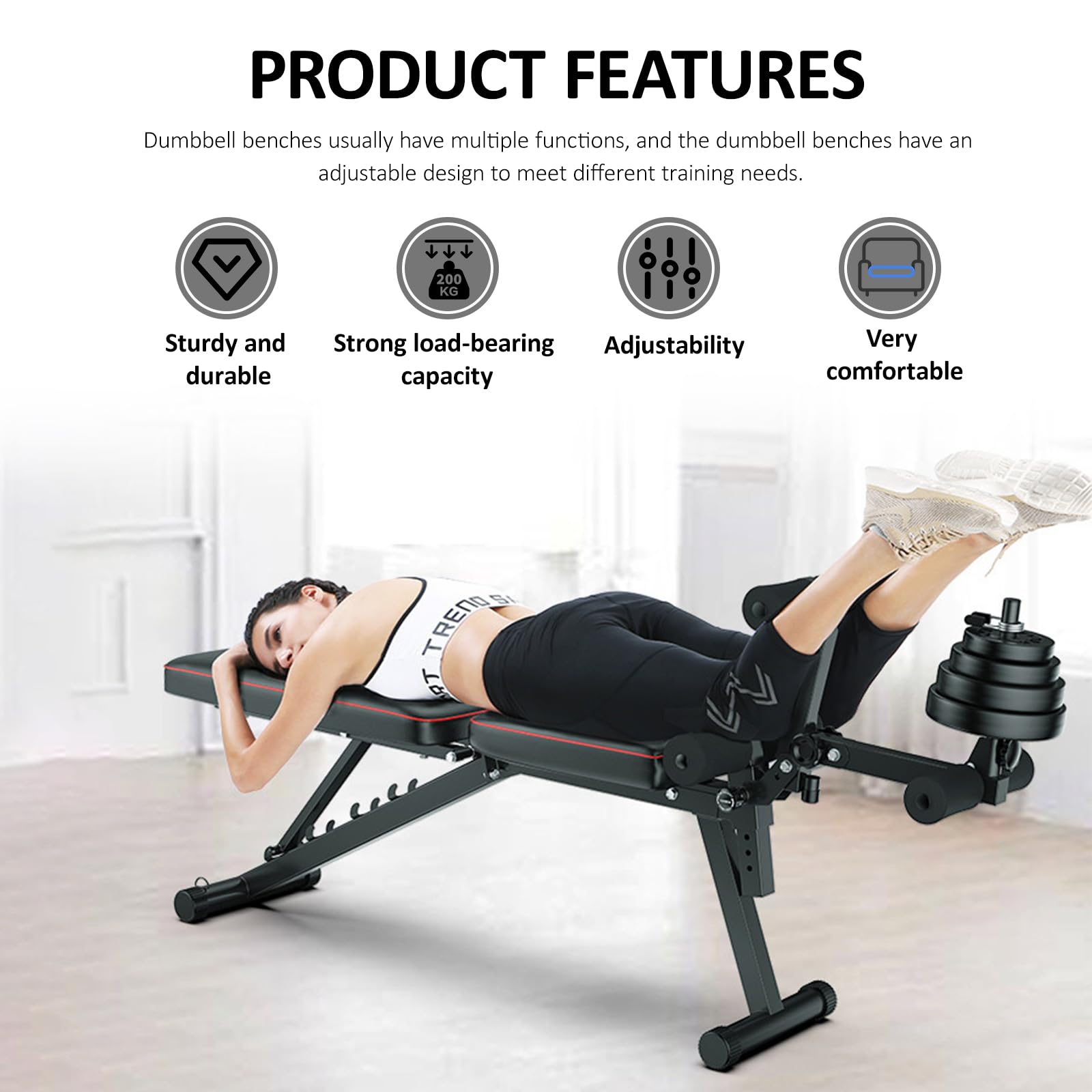 Banco Musculación Plegable Banco Gimnasio Capacidad de Peso de 200 kg/440 LB, Ajuste de ángulo de 5 Niveles, Espuma de Alta Densidad y Estructura de Acero