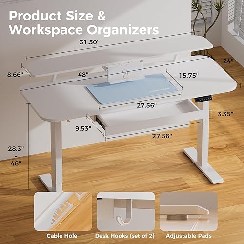 Miniatura 16 de COMHOMA Escritorio eléctrico de pie con cajones, escritorio de pie para sentarse de 48 x 24 pulgadas con soporte para monitor, soporte para laptop,