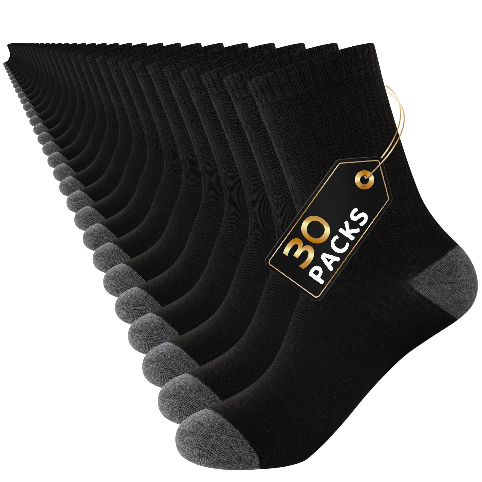 30 Pairs Men's Breathable Crew Socks – Soft Casual Comfort, Everyday Length Size 8-12/12-16, Bulk Pack