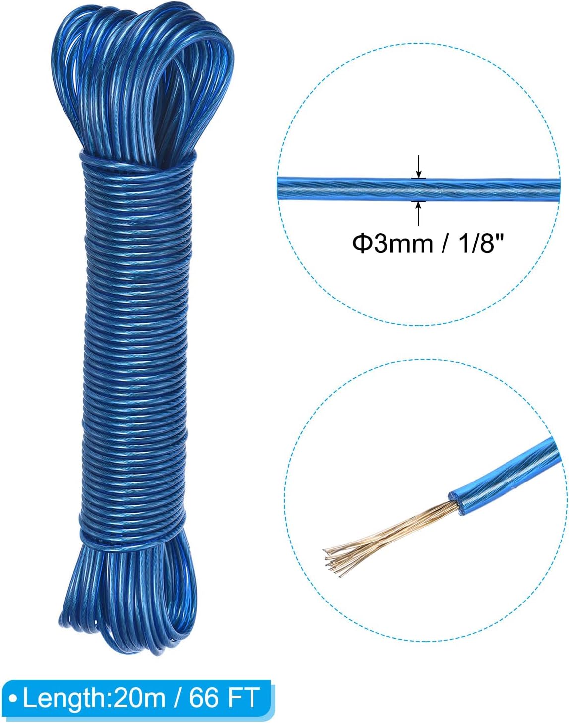 PATIKIL Plastic Coated Clothesline, 1/8 Inch x 66 FT Extra Strong Steel Core Clothes Lines Wire for Drying Clothes, Outside Hanging, Blue