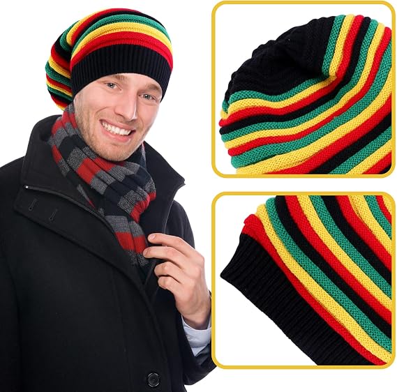 Rasta Hat, Knit Reggae Jamaican Cap, Rainbow Colorful Beanie Skull Hat, Hippie Slouchy Baggy Cap with Rasta Stripes for Cosplay Party Decoration Winter Autumn
