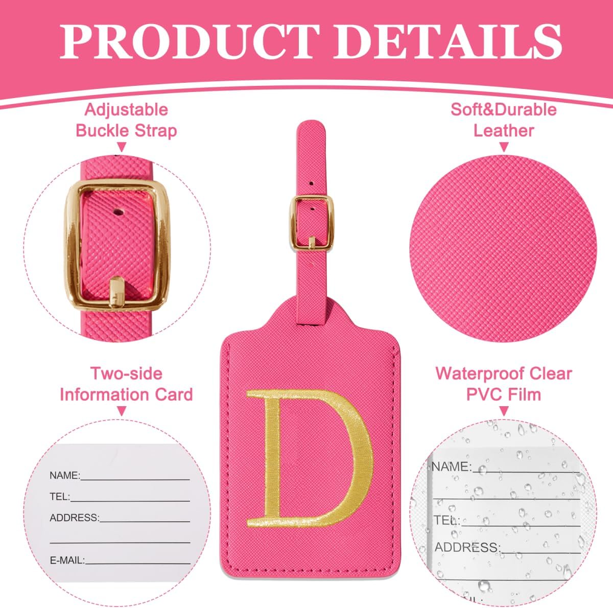 Personalized Initial Luggage Tags for Suitcases,Leather Letter Cute Luggage Tags with Privacy Name Card,Embroidered Monogrammed Travel Bag Backpack Tag Gifts for Women Kids Girls Teens(Rosered-D) image 3